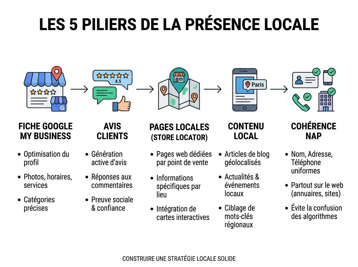 Schematic infographic of the 5 pillars of local presence: Google profile, customer reviews, local pages, content, NAP consistency.