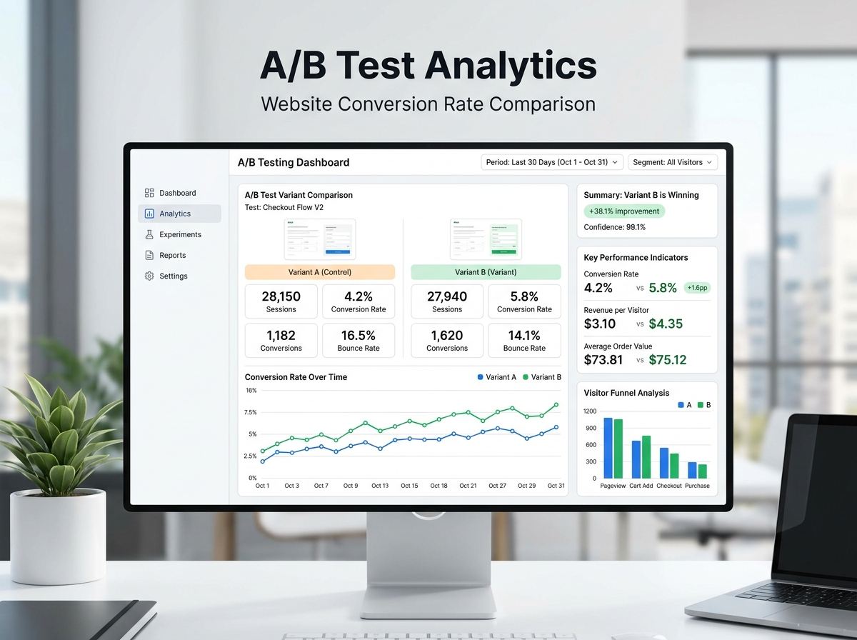 Analytical dashboard comparing conversion rates of two A/B variants of a web page in a modern office.
