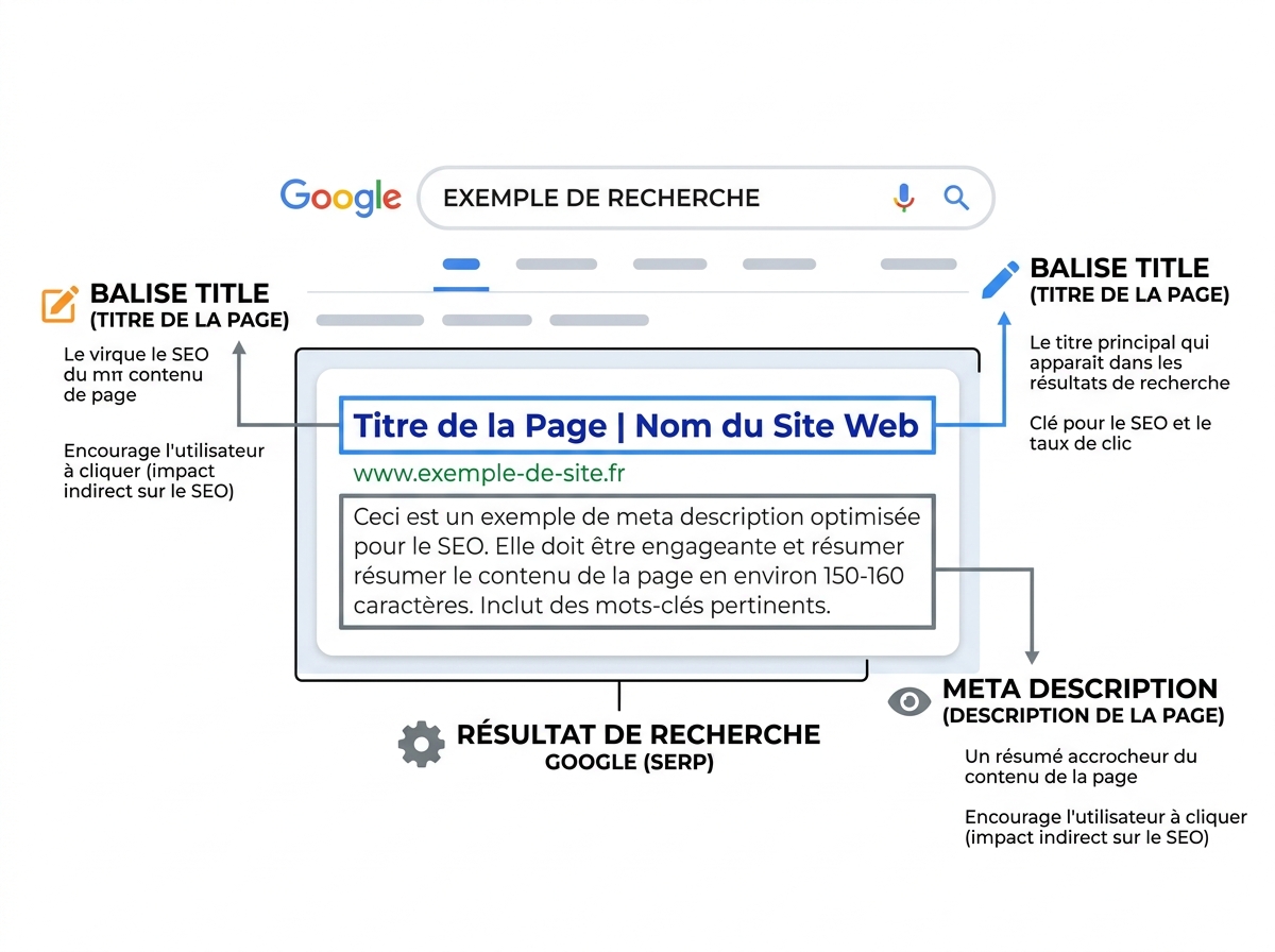 Stylised capture of a Google results page showing the title tag in blue and the meta description in grey, with annotations.
