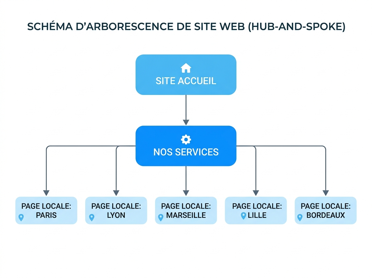 Schéma d'arborescence de site web avec une structure hiérarchique hub-and-spoke, montrant un hub de service relié à plusieurs pages locales par ville.