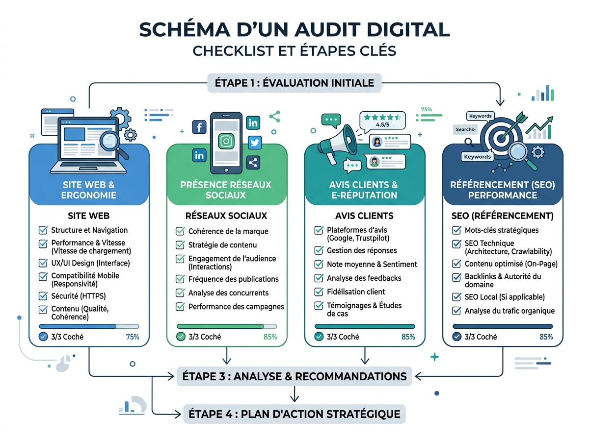 Digital audit checklist with icons for website, social media, customer reviews, and SEO.
