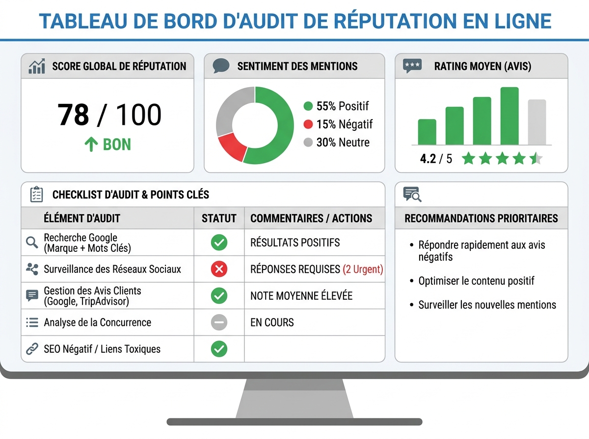 Tableau de bord d'audit de réputation en ligne sur écran, avec des indicateurs verts et rouges, dans une ambiance professionnelle.