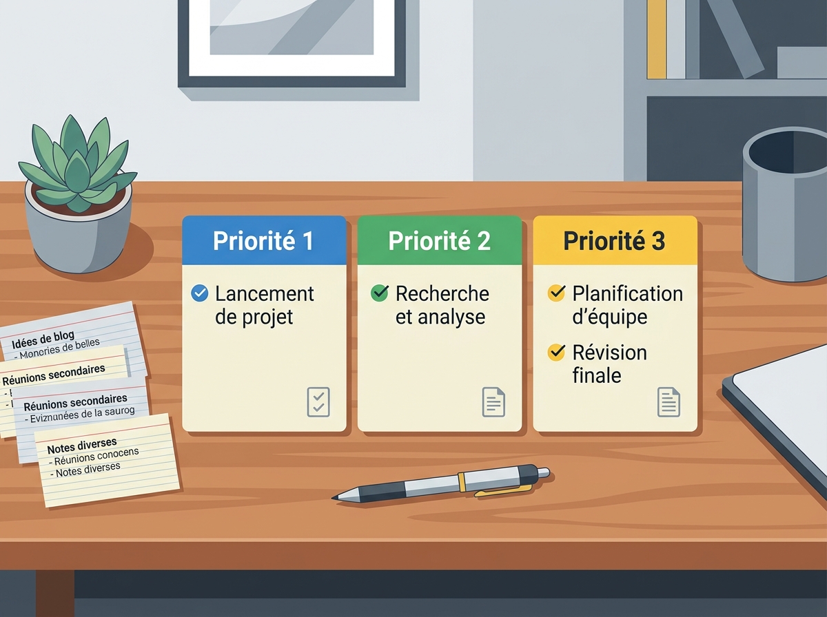 Trois cartes alignées sur un bureau, étiquetées de Priorité 1 à Priorité 3, avec d'autres fiches écartées.