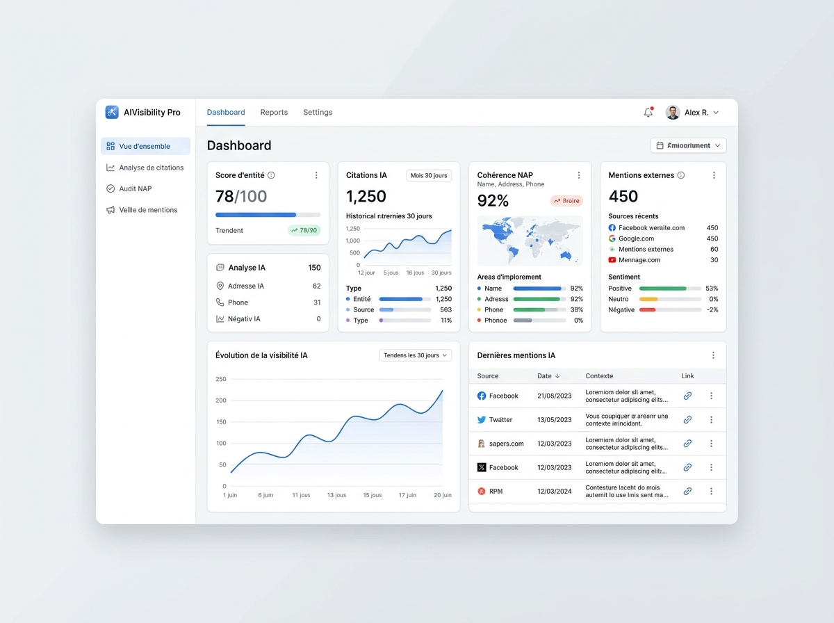 Dashboard analytique moderne affichant des métriques de visibilité IA : score d'entité, citations IA, cohérence NAP, mentions externes.