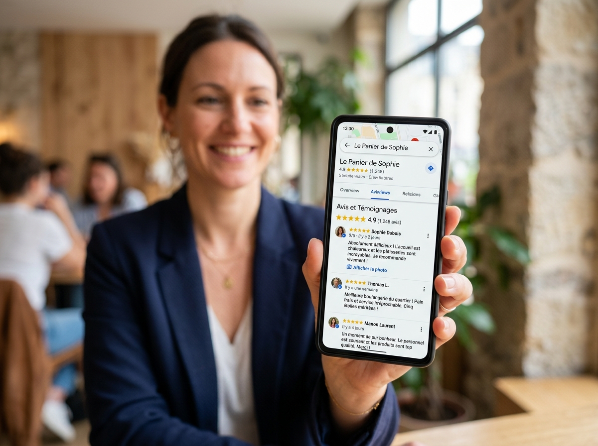Smartphone screen displaying 5-star Google reviews and customer testimonials, symbolising trust and satisfaction.
