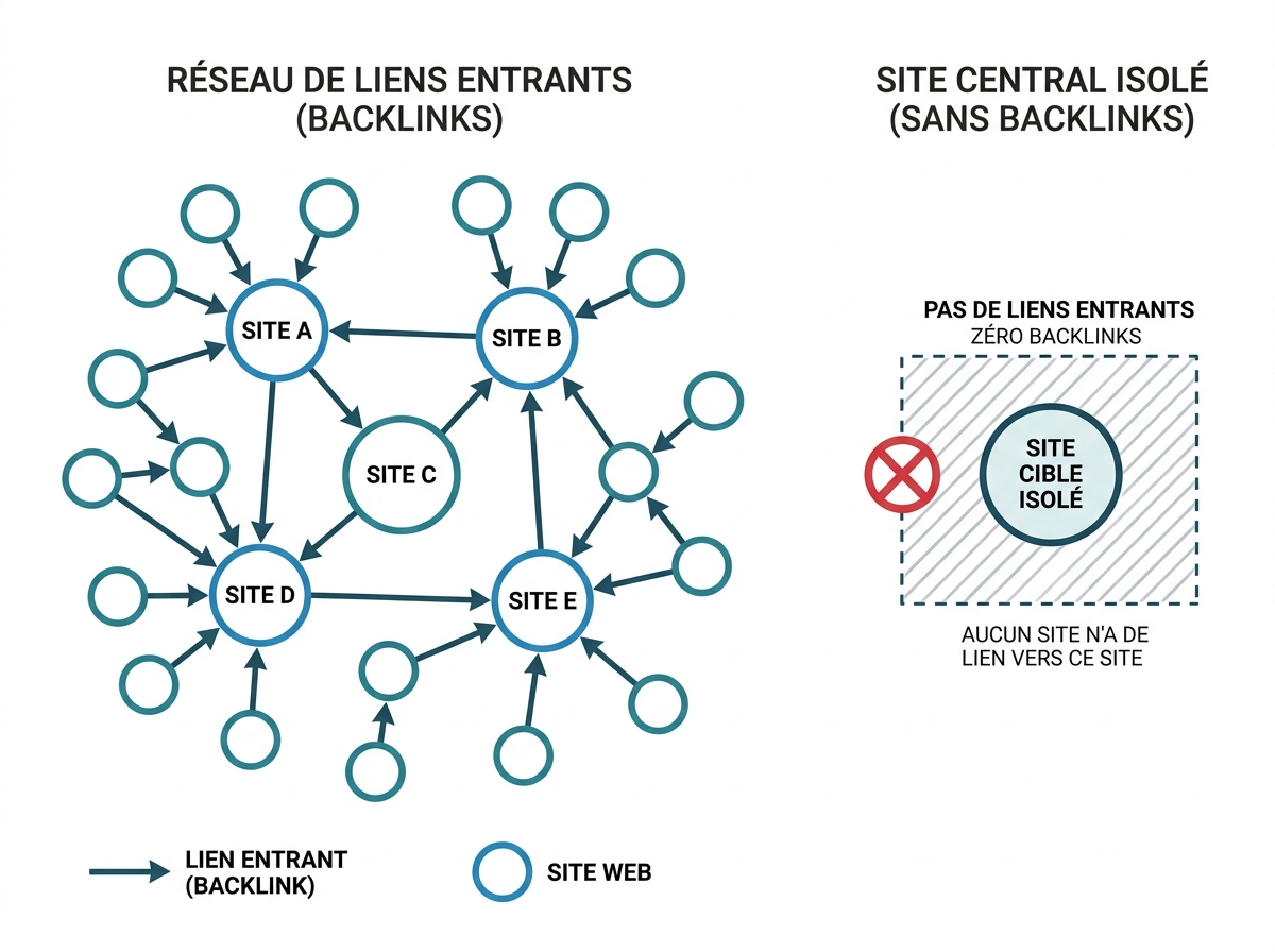 Schematic diagram of a network of websites, a central site with no incoming links symbolising the lack of backlinks.