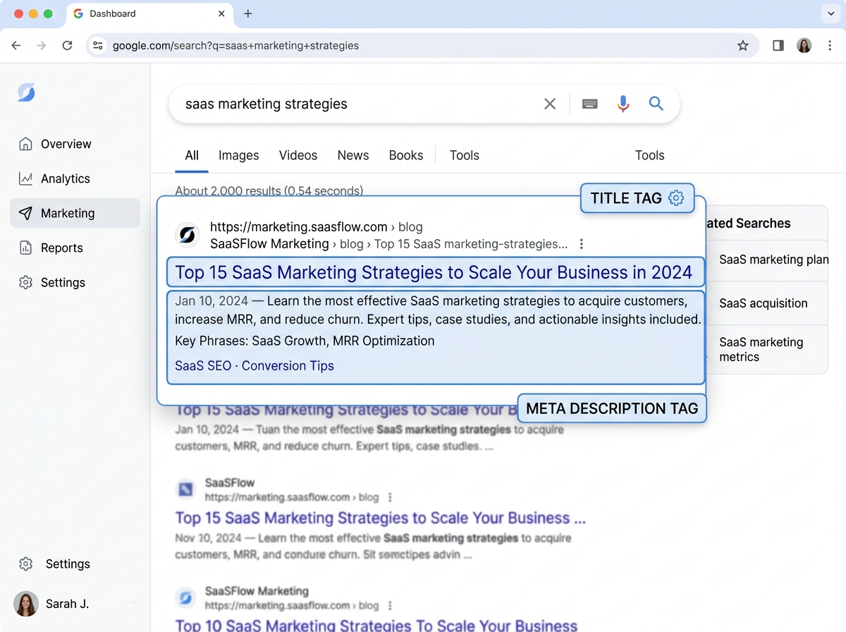 Stylised screenshot of a Google result, with Title and meta description tags highlighted.