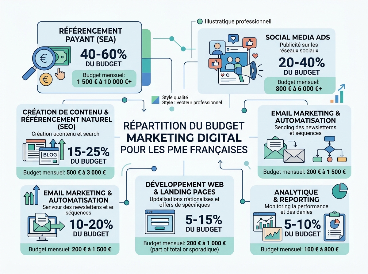 Graph or infographic showing the distribution of digital marketing budgets for French SMEs, with price ranges per lever