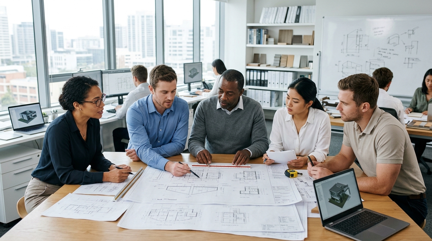 Une équipe d’ingénieurs d’un bureau d’études examine des plans de bâtiment sur une grande table.