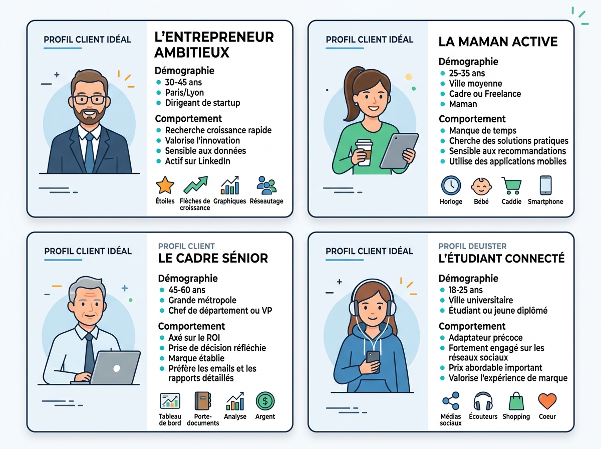 Modern infographic presenting buyer persona cards with detailed avatars, demographic, and behavioural data.