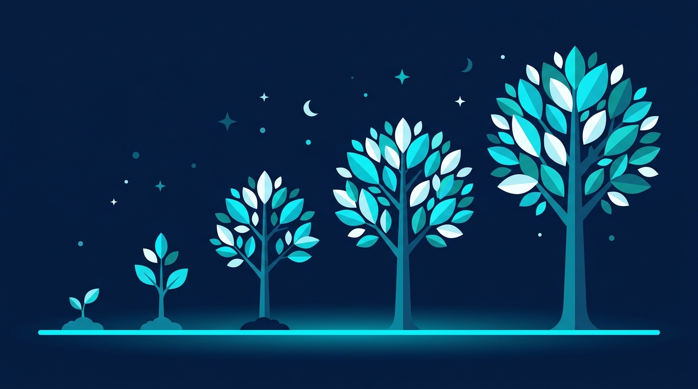 Illustration : une pousse qui devient un arbre en cinq étapes.