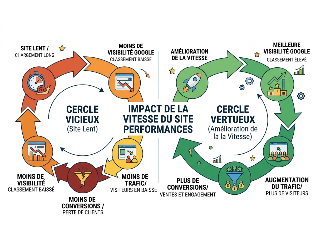 Circular diagram showing the vicious circle: slow site, less Google visibility, less traffic, fewer conversions.