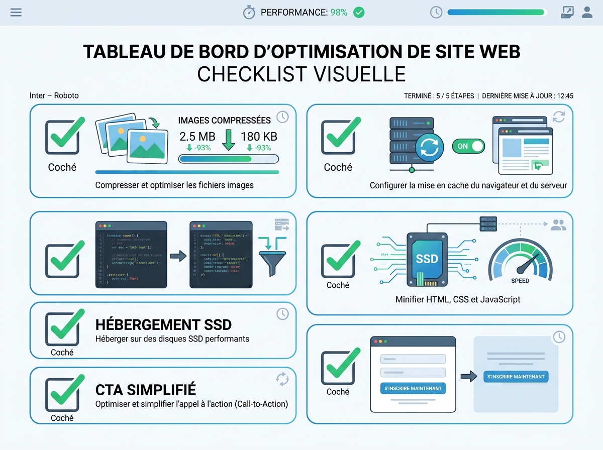 Visual checklist in a digital dashboard style with 5 tickable steps: compressed images, cache enabled, scripts minimised, SSD hosting, simplified CTAs.