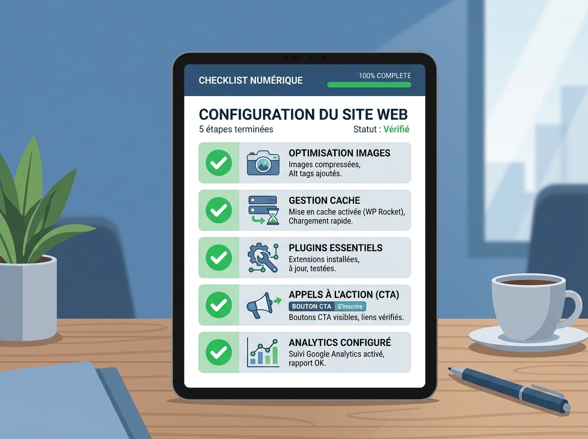 Digital checklist with 5 checked boxes for website optimisation, icons for images, cache, plugins, CTA, analytics.