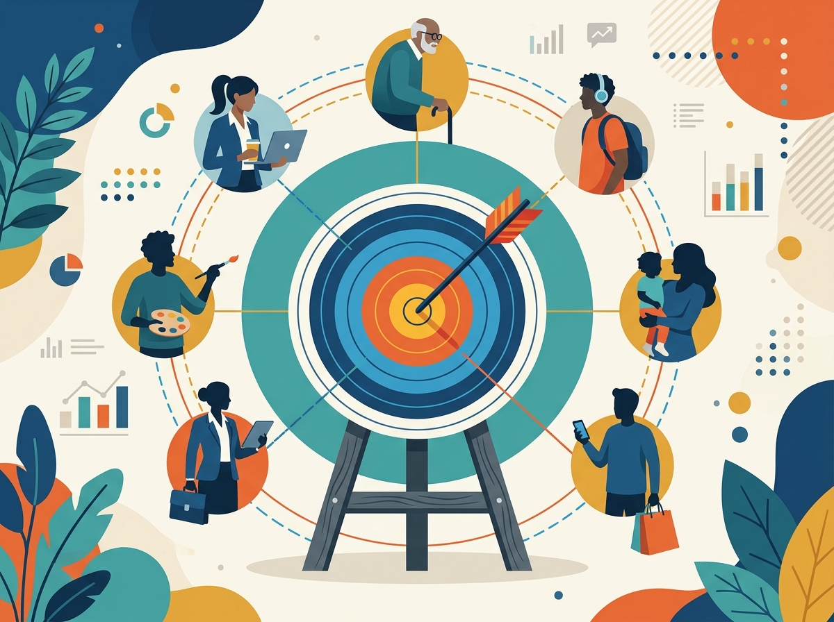 Target with arrow in the centre, surrounded by silhouettes of various customers, illustrating audience segmentation.