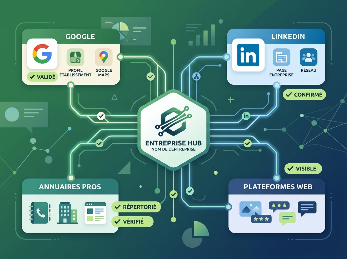 Illustration d'une entité d'entreprise connectée de manière cohérente à Google, LinkedIn et des annuaires.