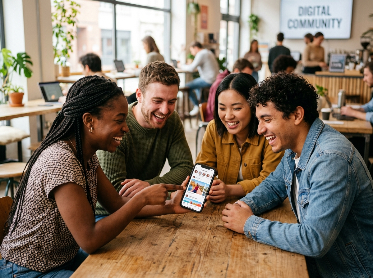 Diverse group of smiling people interacting around a smartphone, symbolising an engaged digital community.