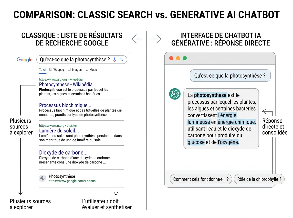 Schéma comparatif entre les résultats d'une recherche Google classique et une réponse générée par une IA conversationnelle.