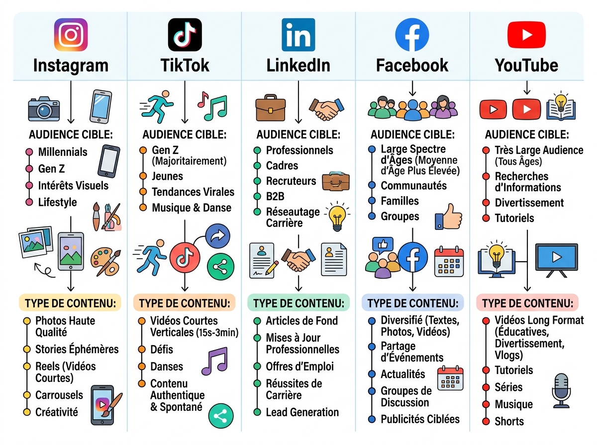 Infographic comparing Instagram, TikTok, LinkedIn, Facebook, and YouTube based on their audience and content type.