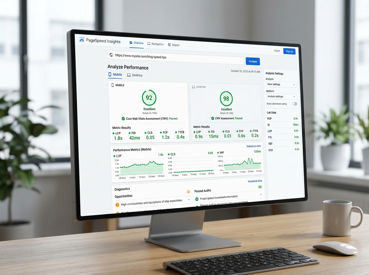 Google PageSpeed Insights dashboard displaying mobile and desktop scores with Core Web Vitals metrics LCP, CLS, INP.