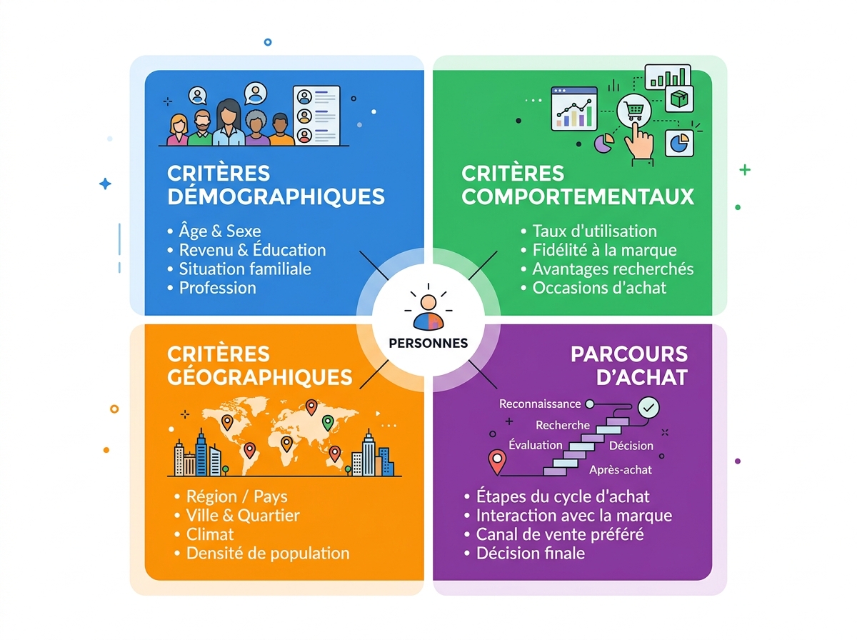 Visual diagram showing four audience segmentation criteria: demographic, behavioural, geographic, and purchase journey.