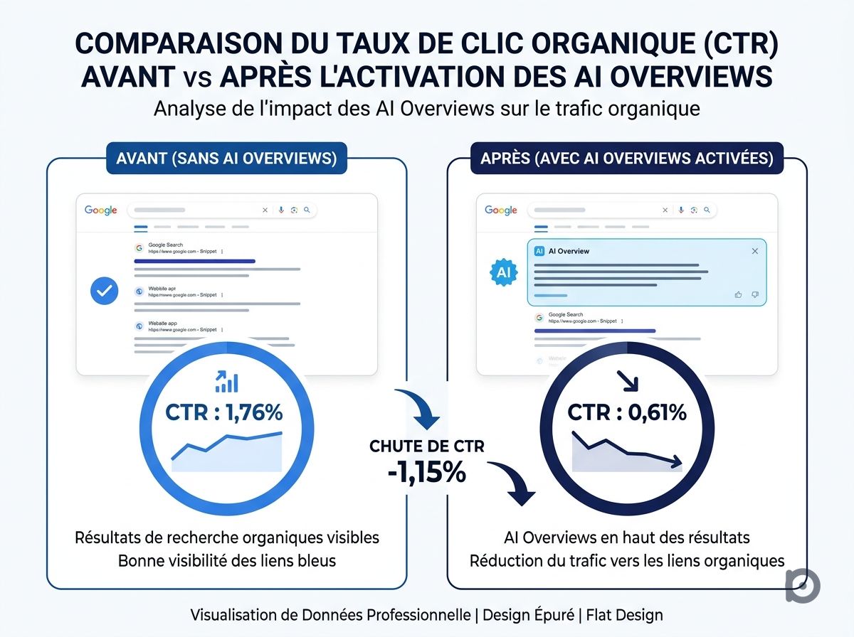 Infographie flat design comparant le CTR organique avant (1,76%) et après (0,61%) l'activation des AI Overviews.