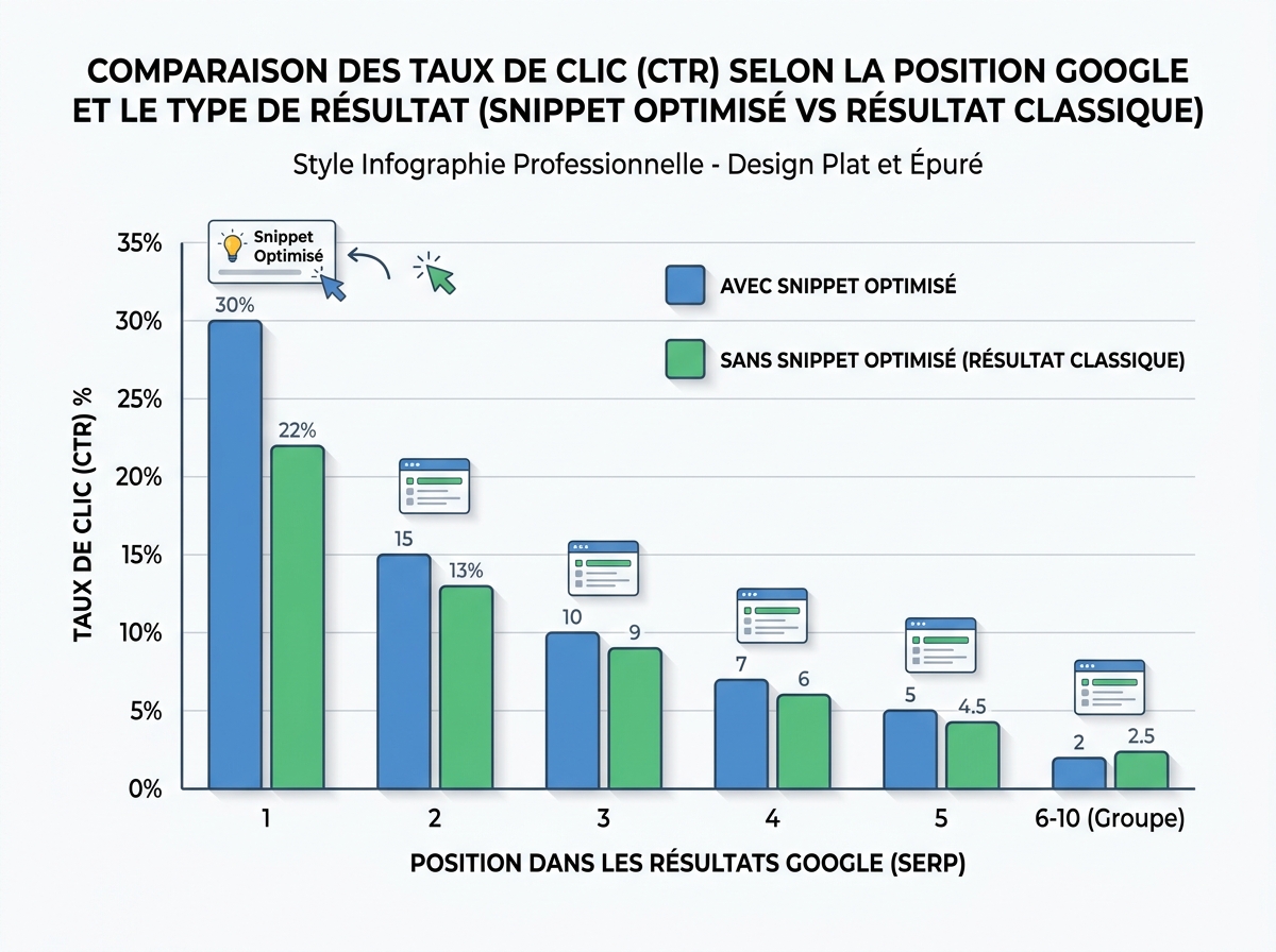 Graph comparing click-through rates (CTR) according to Google position, with and without an optimised snippet.