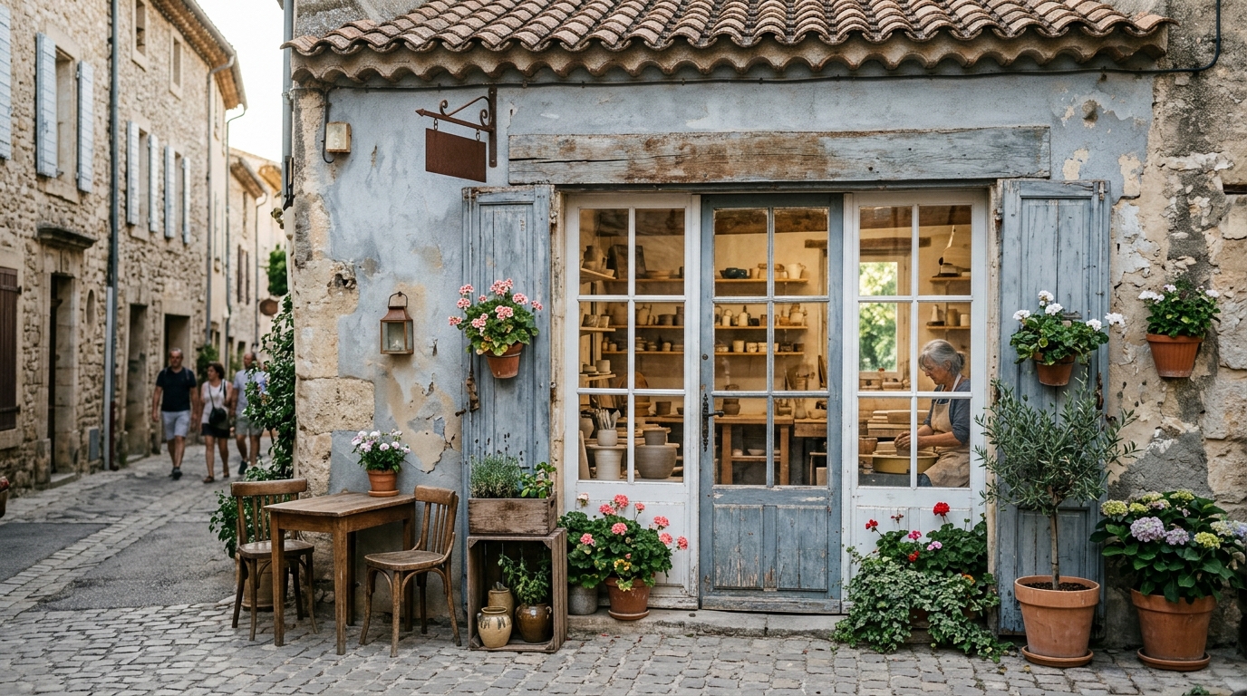 La devanture d'un atelier de céramique dans une ruelle pavée de village.
