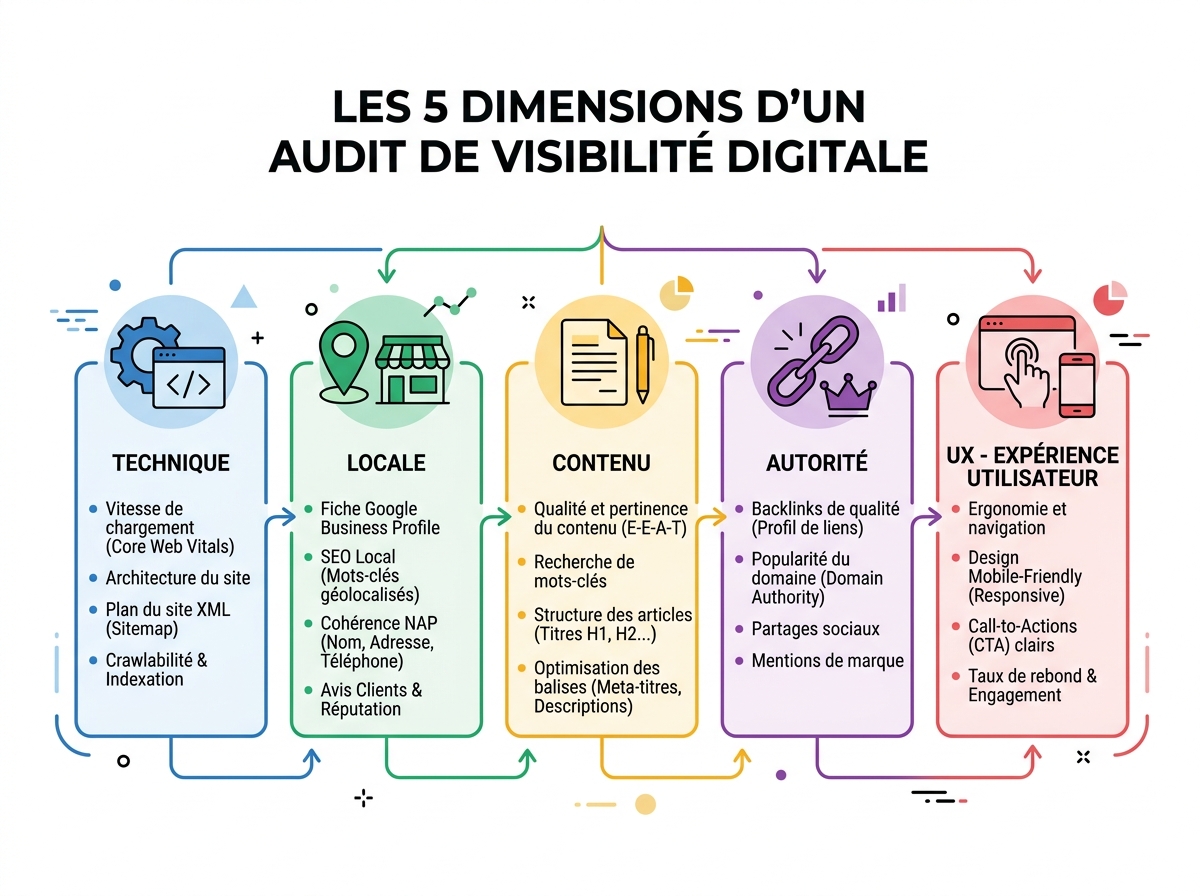Infographic of the 5 dimensions of a digital visibility audit: technical, local, content, authority, UX.