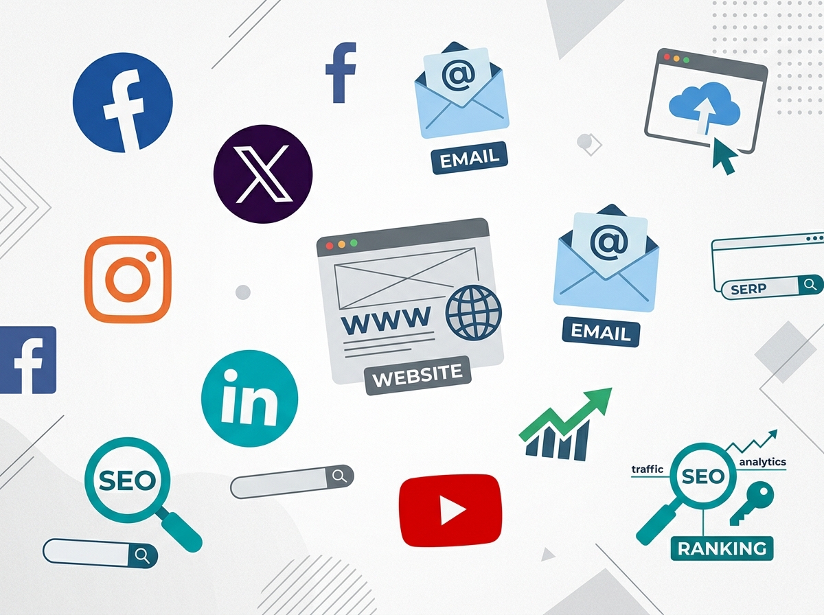 Scattered social media, website, and email icons, symbolising a dispersed and ineffective digital strategy.