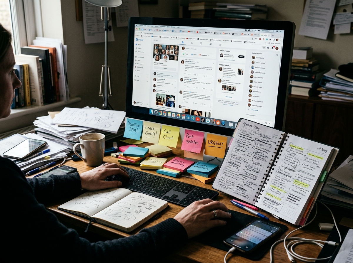 Computer screen showing multiple social media tabs open, surrounded by sticky notes and an overloaded diary, evoking stress.