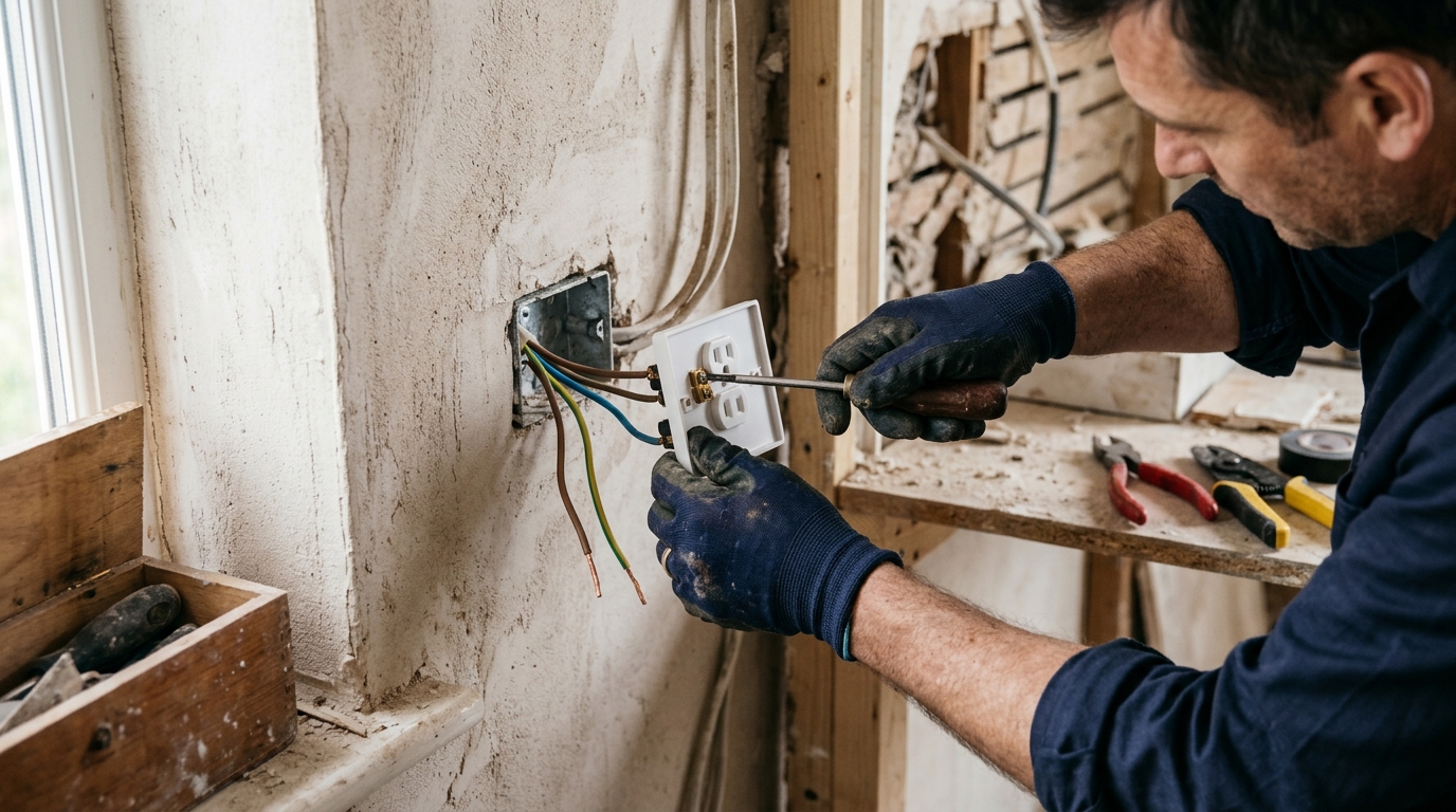 Un électricien raccorde une prise dans une maison en rénovation.