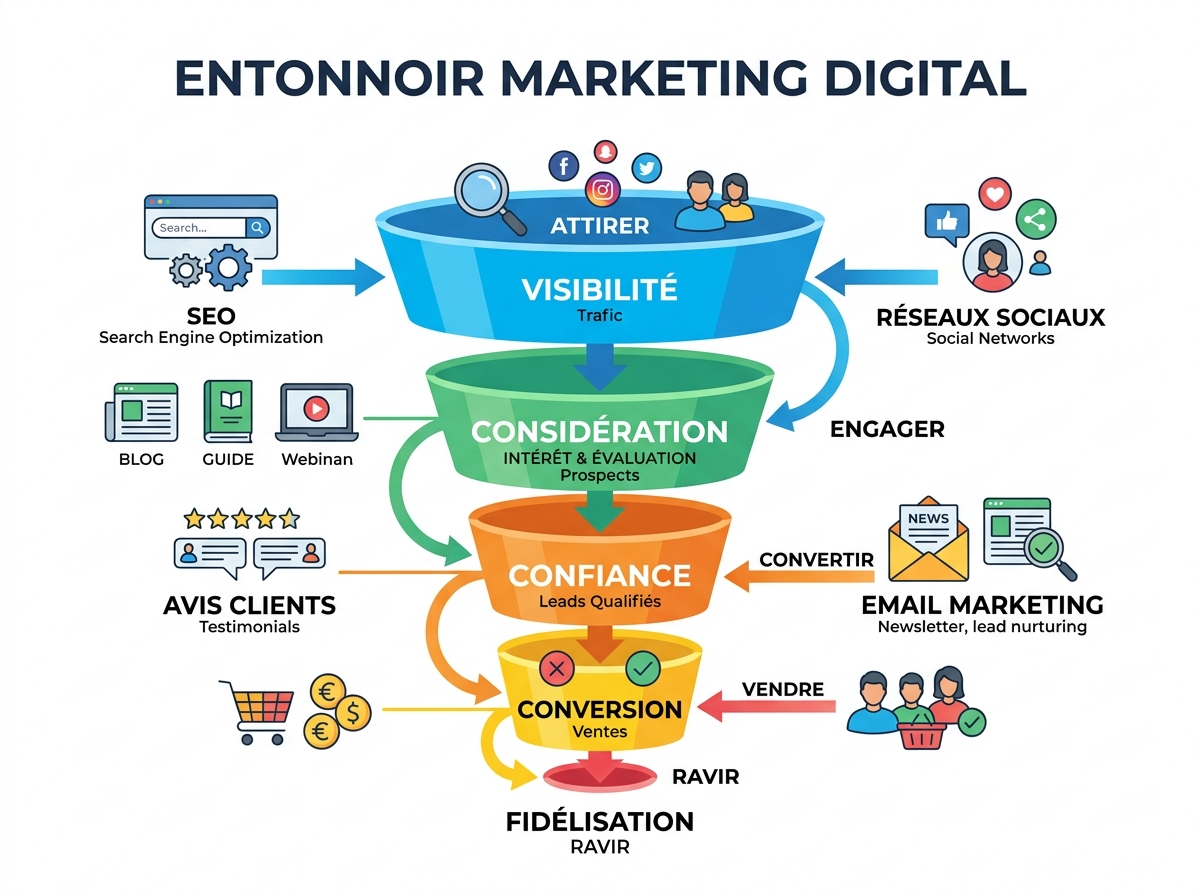 Infographic of the digital marketing funnel, showing the stages of visibility, trust, and conversion, with SEO, social media, email, and customer review channels.