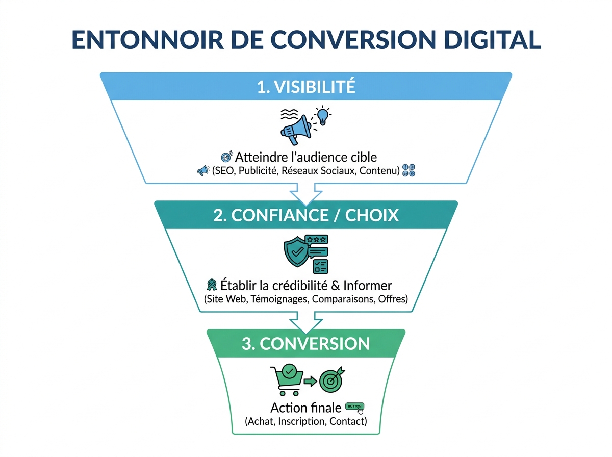 Diagram of a 3-step digital conversion funnel: be visible, be chosen, capture demand.