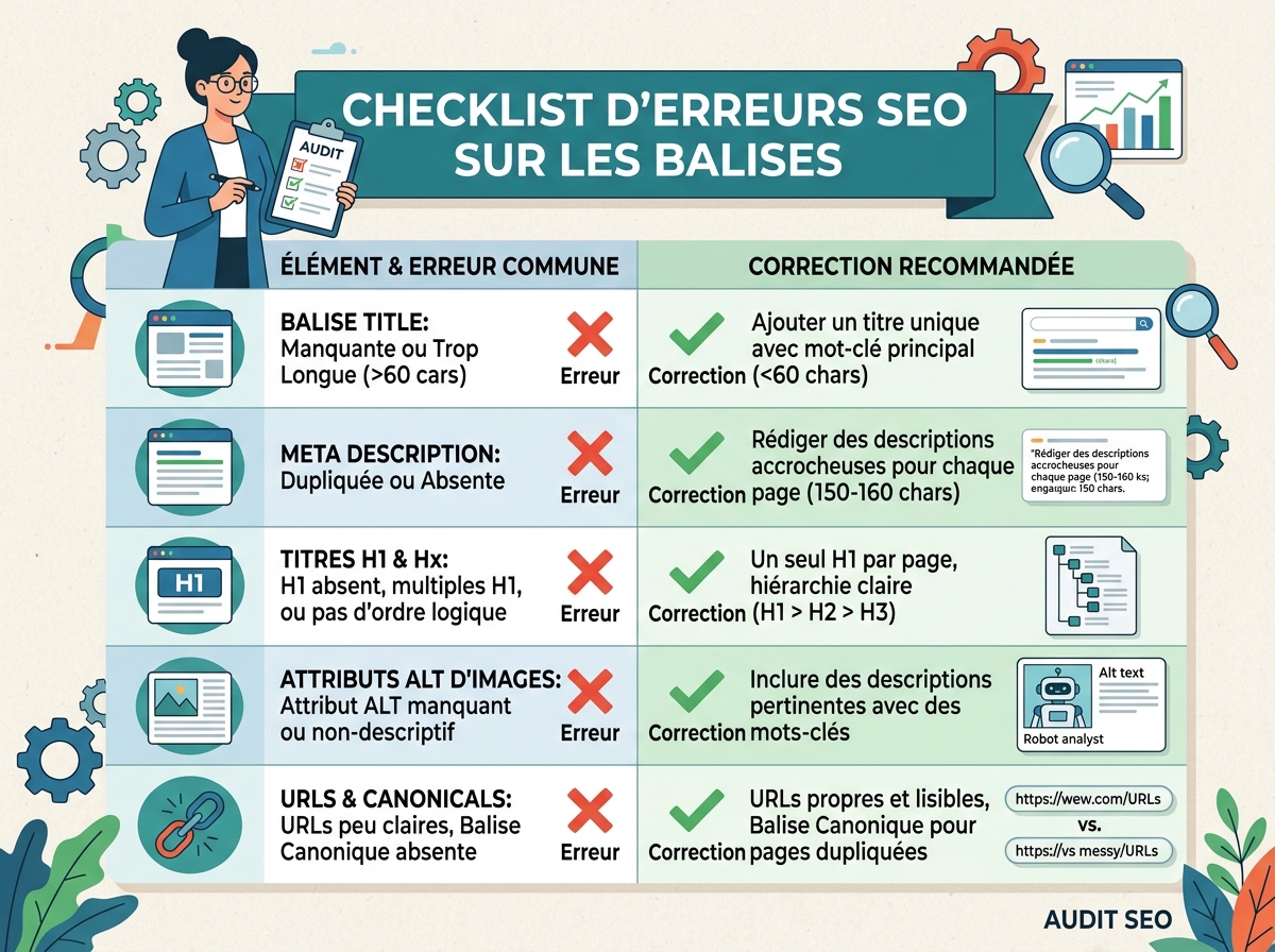 SEO audit checklist with tag errors marked with red crosses and corrections in green.