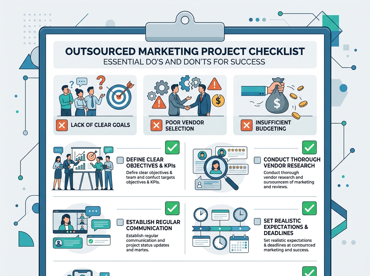 Checklist of mistakes to avoid when outsourcing marketing, with checked and unchecked boxes.