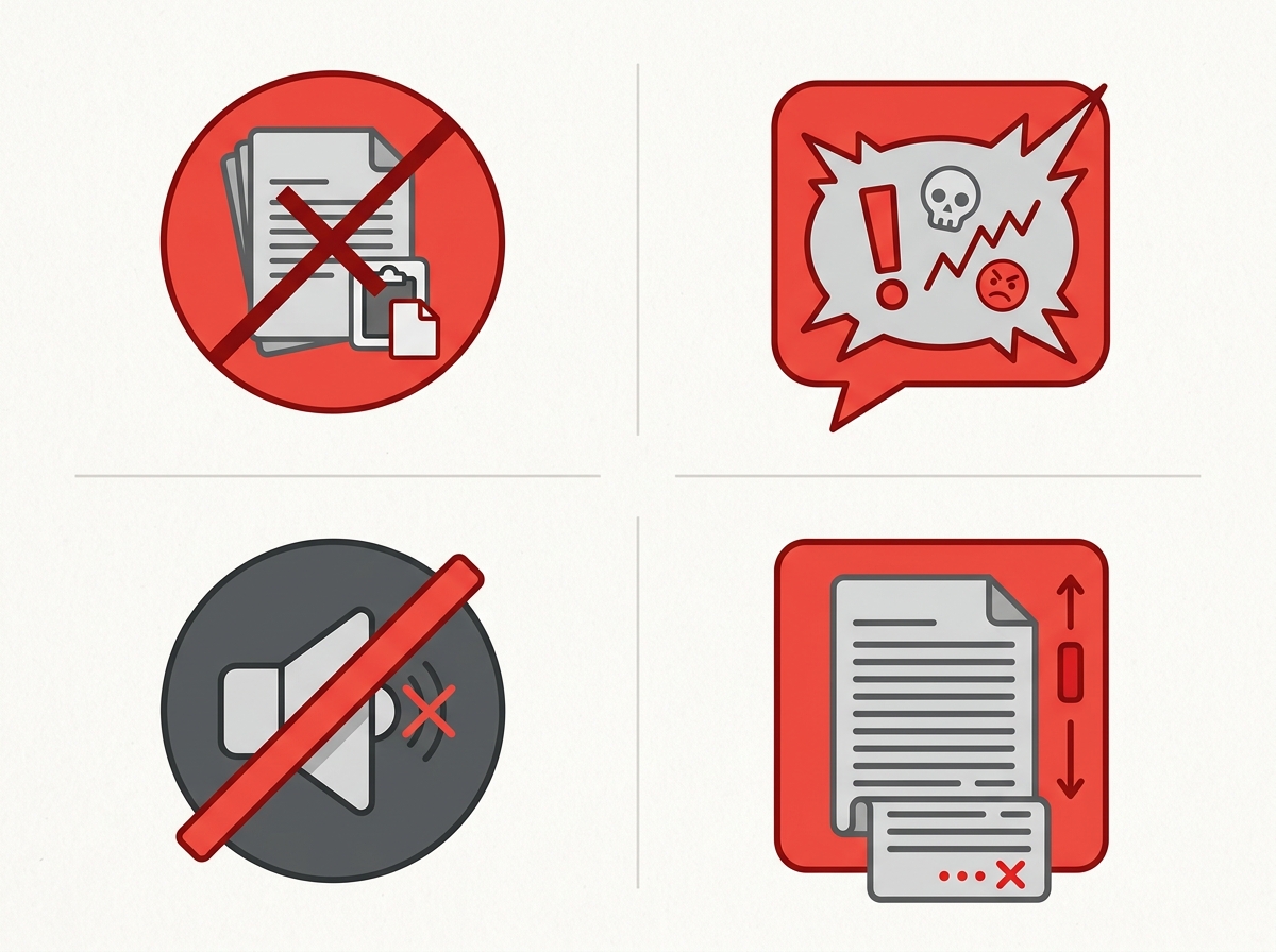 Quatre icônes en flat design rouge et gris illustrant les erreurs à éviter en répondant à un avis négatif.