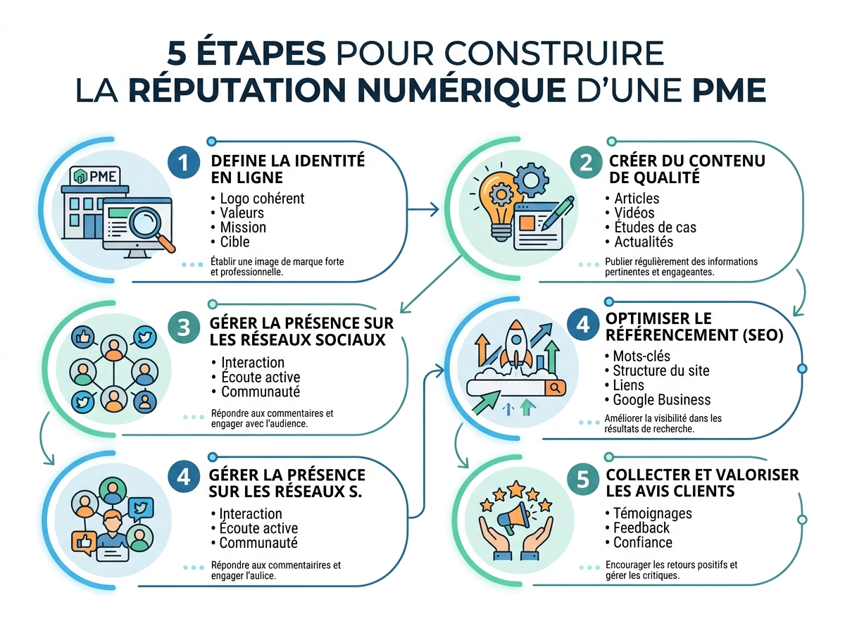 5-step infographic illustrating the construction of a digital entity reputation for an SME.