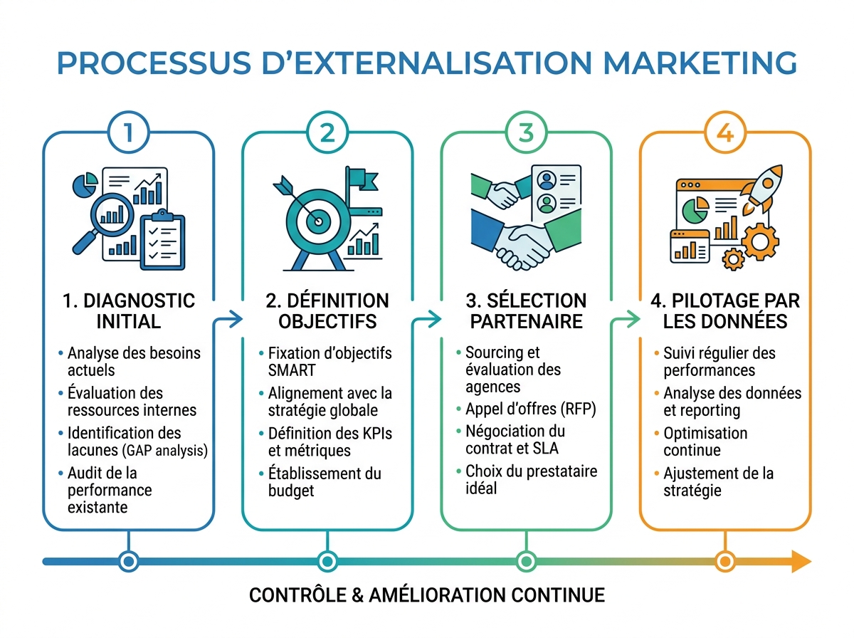 A 4-step diagram illustrating the marketing outsourcing process: diagnosis, objectives, partner selection, data-driven management.