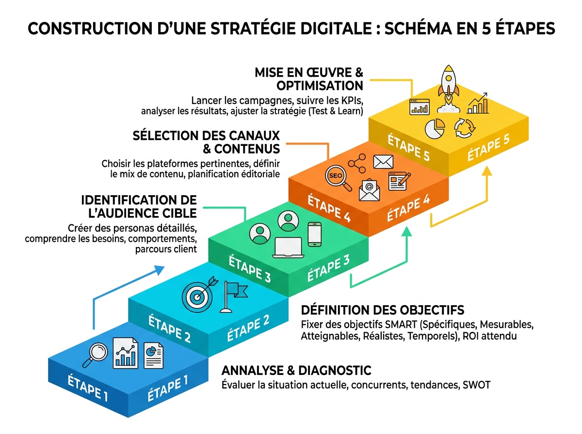 Clean infographic diagram on a white background, illustrating 5 ascending steps to build an effective digital communication strategy.