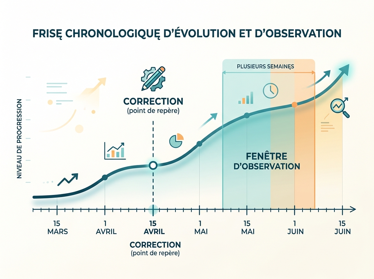 A timeline showing an observation window of several weeks following a correction.