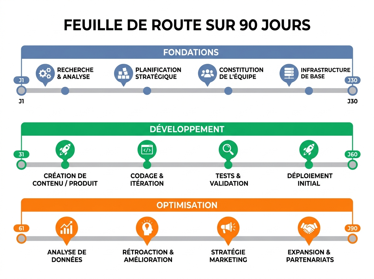 Visual timeline of a 90-day roadmap for local visibility, with three coloured phases and key action icons.
