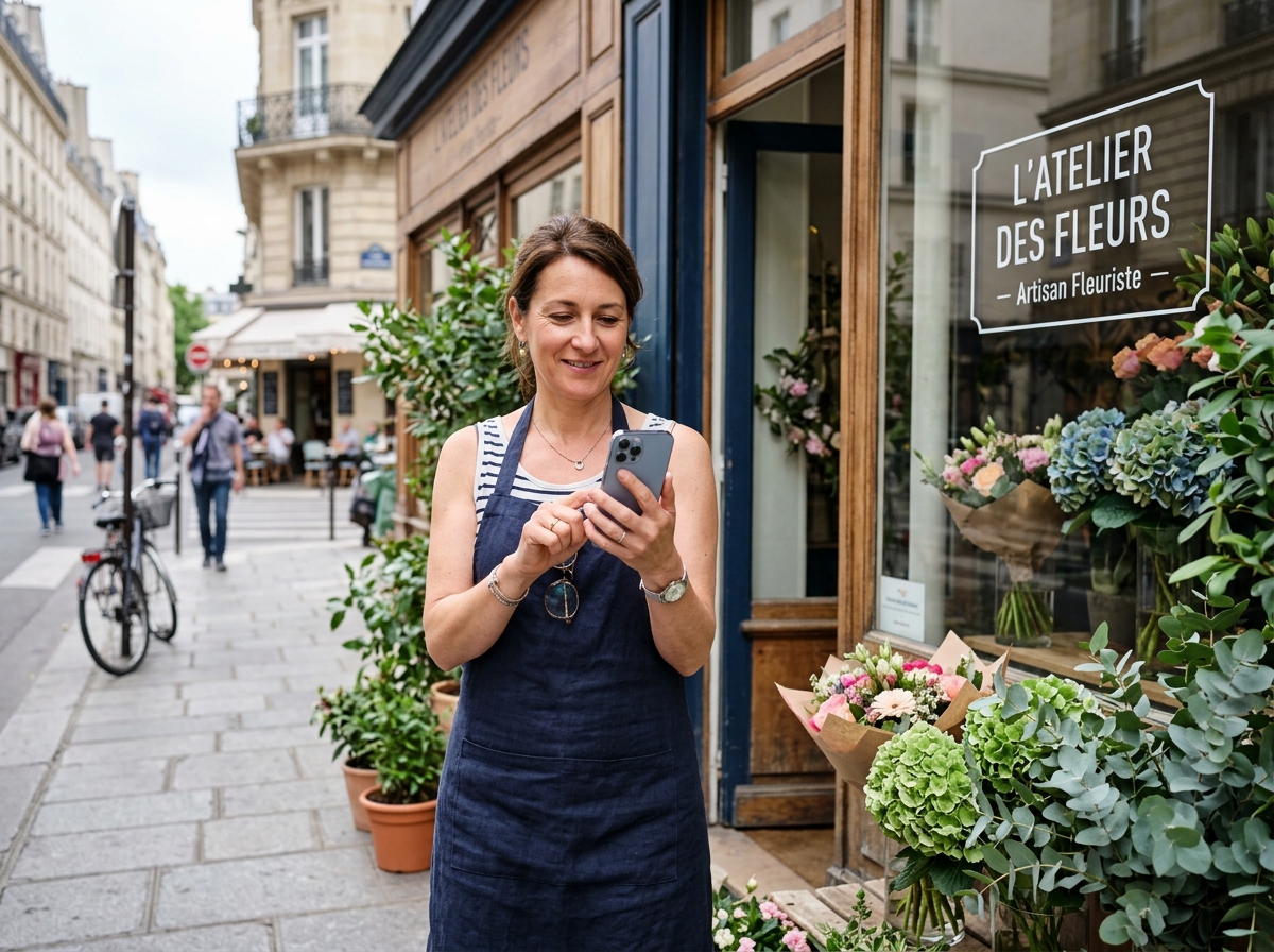 Une commerçante met à jour la fiche de son commerce sur son smartphone, devant sa boutique.