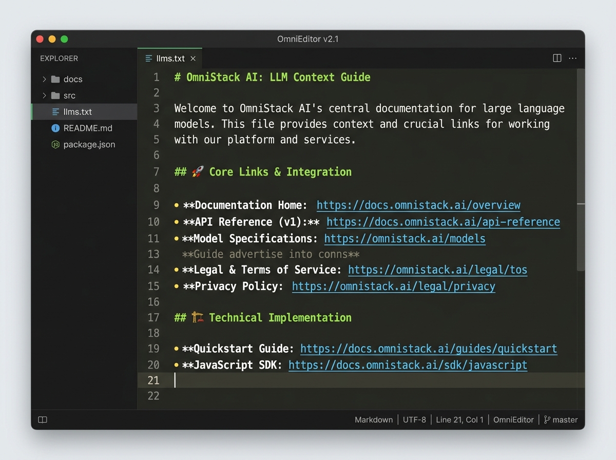Capture d'écran d'un fichier llms.txt ouvert dans un éditeur de texte, affichant une structure Markdown avec des liens.