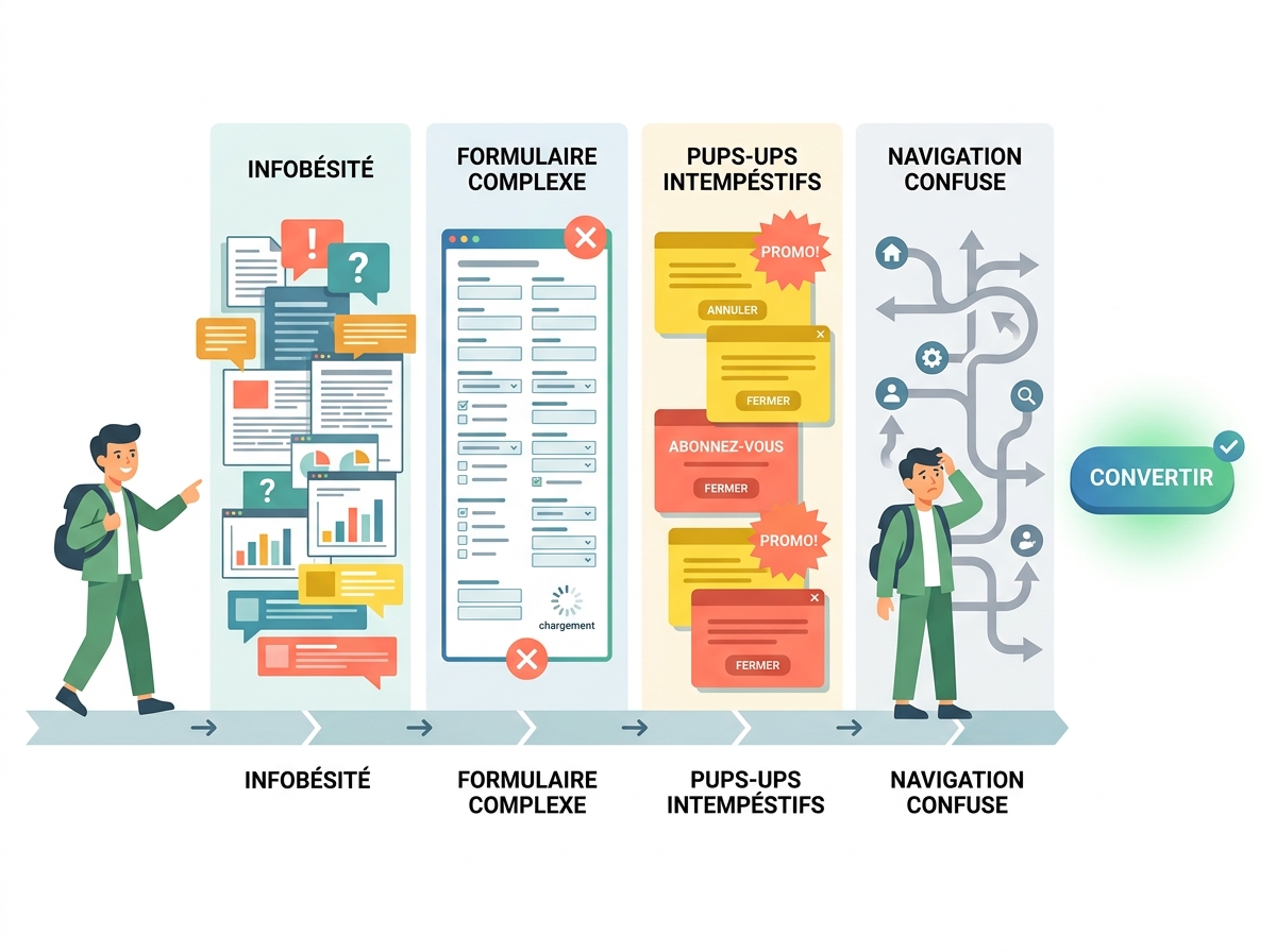 Schematic illustration of 4 visual obstacles between a visitor and a conversion button, in a clean flat design.