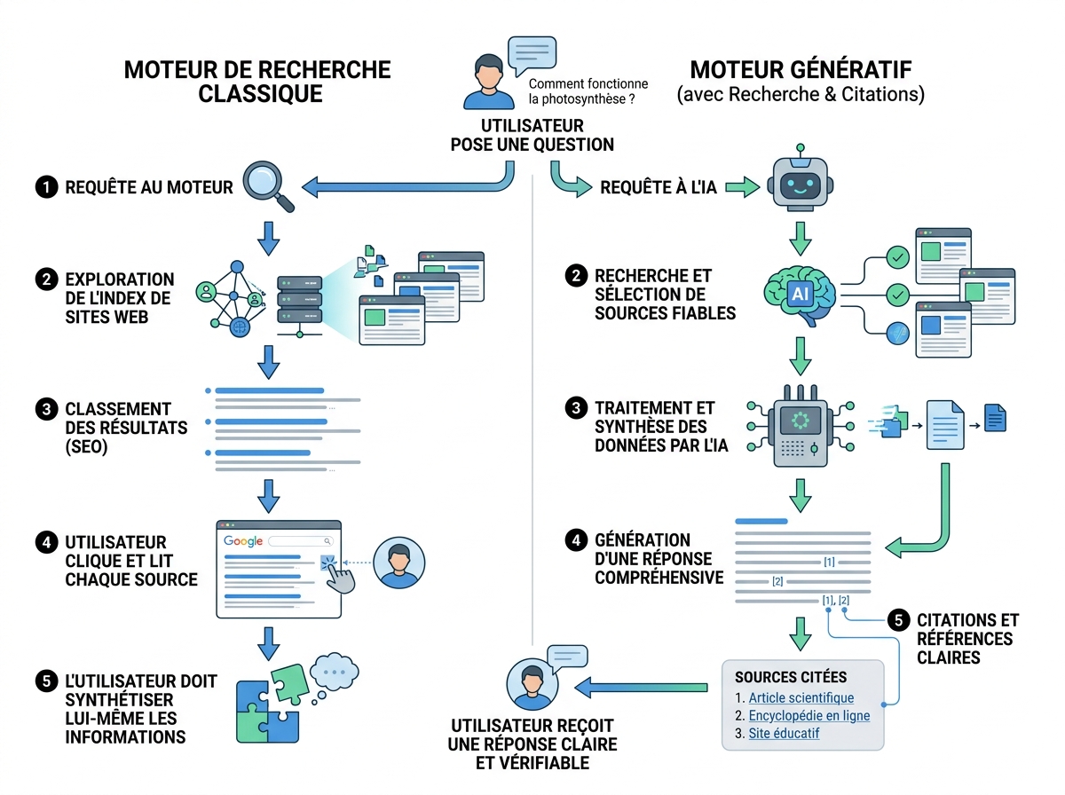 Schéma comparant le flux d'une recherche classique et celui d'une question posée à une IA générative citant ses sources.