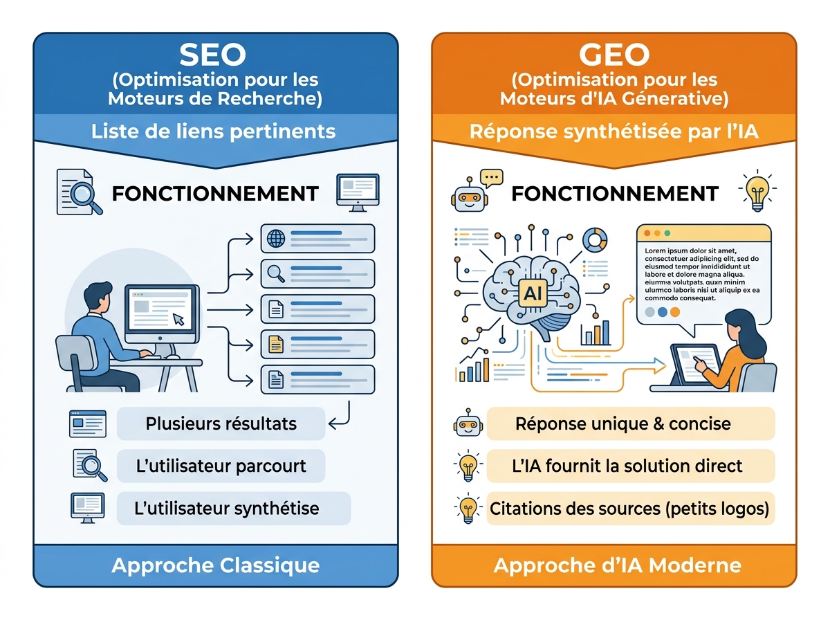 Schéma comparatif entre SEO (liste de liens) et GEO (réponse synthétisée par IA) avec icônes simples.