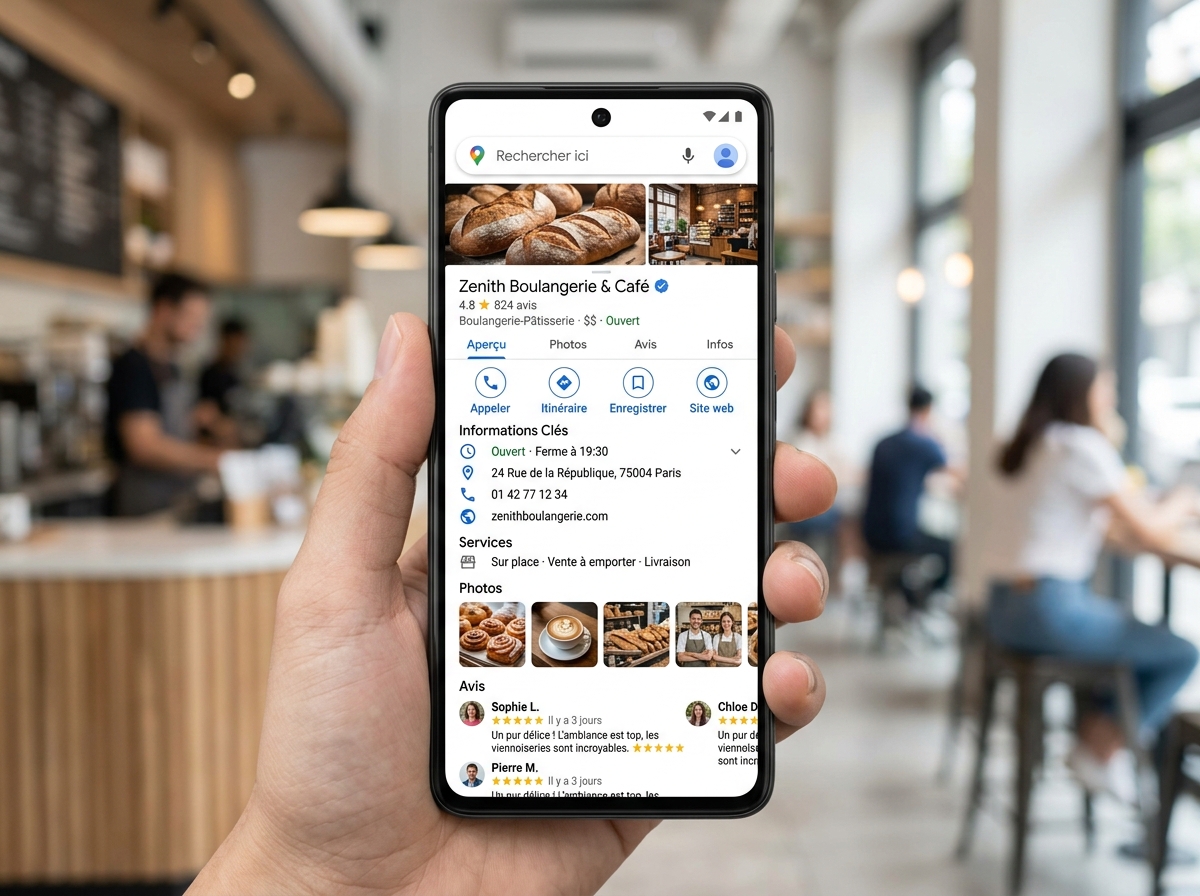 Stylised screenshot of an optimised Google Business Profile displayed on a smartphone.