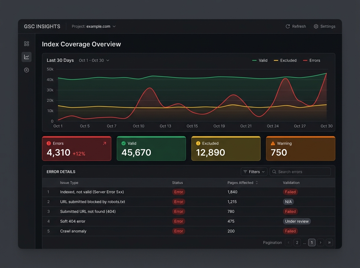 Screenshot of Google Search Console showing the indexing coverage dashboard with errors.