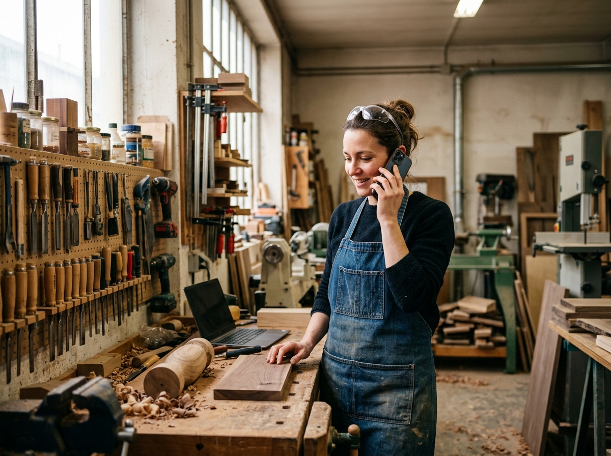 A smiling tradesman takes a customer call on his mobile phone in his workshop.